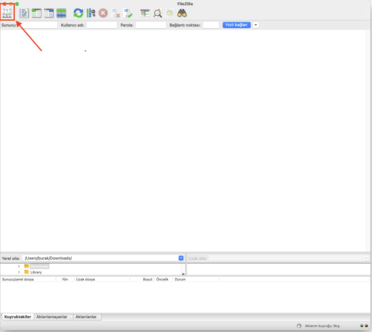 FileZilla Site Yöneticisi simgesi ve açılış ekranı