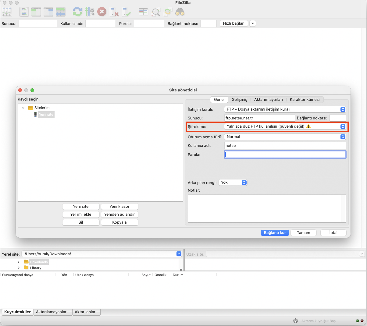 FileZilla düz FTP bağlantısı ayarları ve şifreleme seçimi